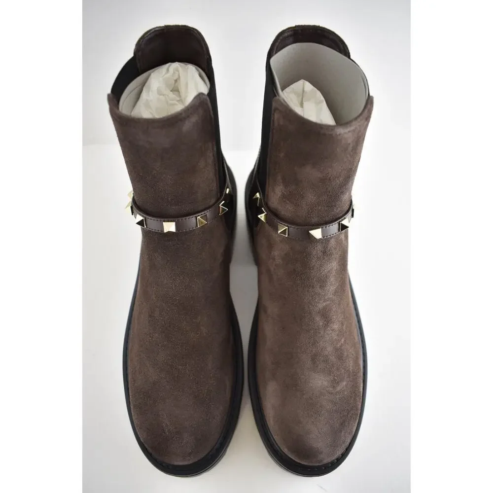Valentino Rockstud Beatle Brown Suede 55mm Short Ankle Flat Chelsea Boot 38.5